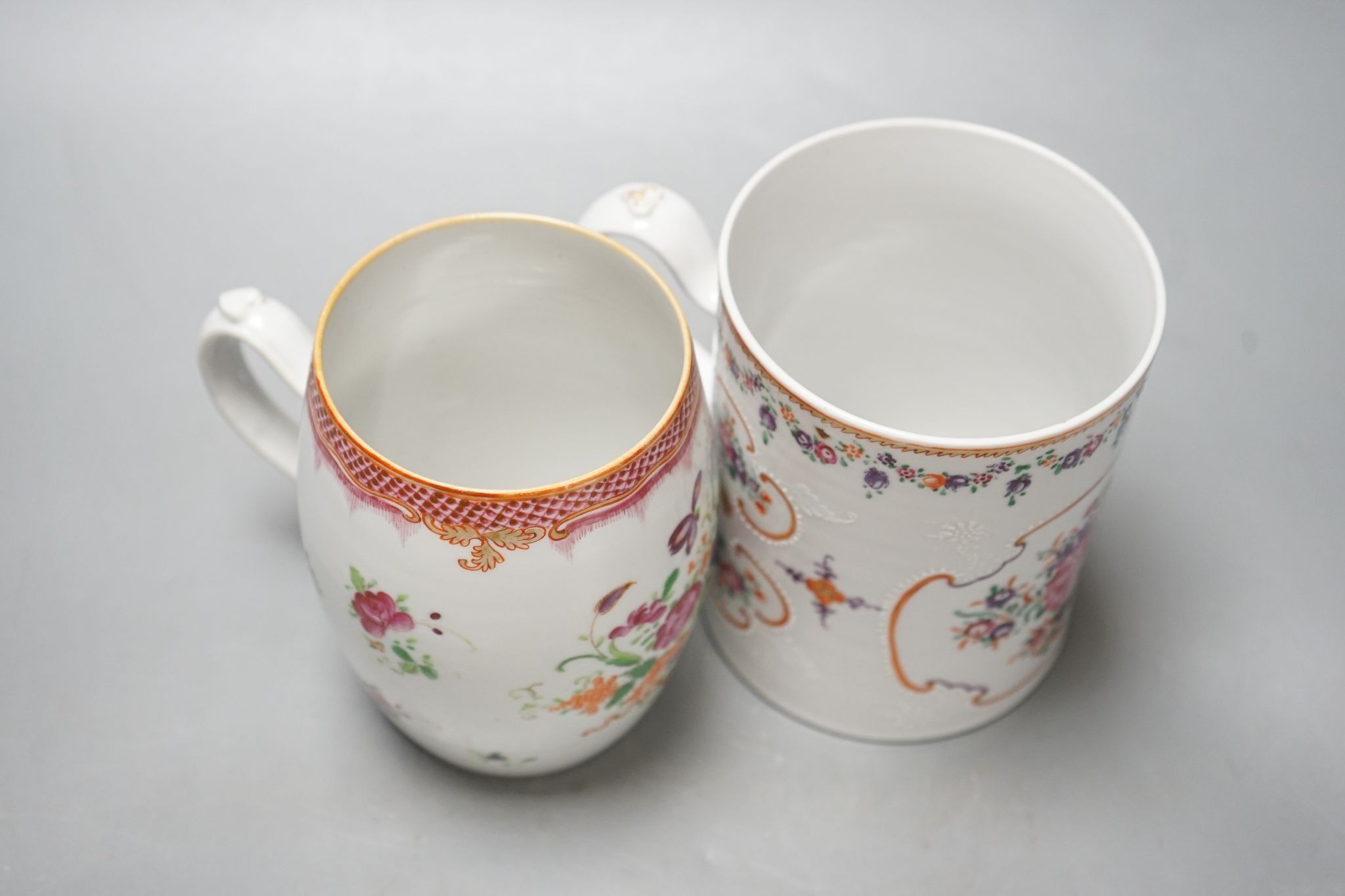 Two 18th century Chinese export famille rose mugs, 13cm